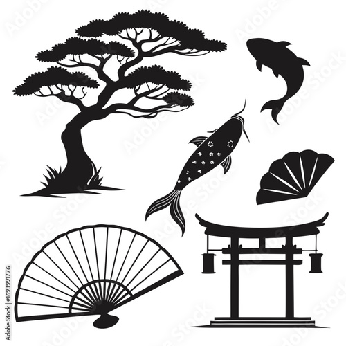 Japanese ink style silhouettes of bonsai torii gate and koi fish bonsai tree