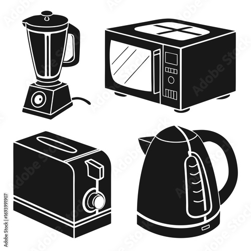 Kitchen appliance set blender microwave toaster kettle silhouettes kitchen appliances