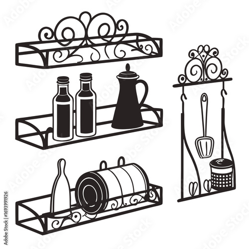 Kitchen shelves with bottles pitcher cookware container racks