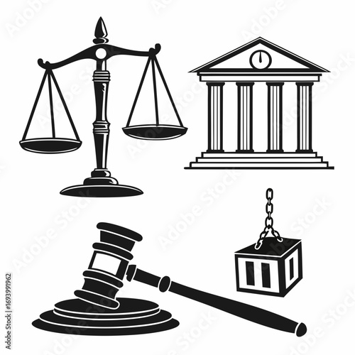 Legal justice icons scales gavel courthouse chains scales of justice