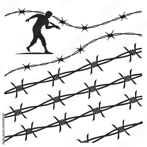 Man silhouette tangled in barbed wire vector