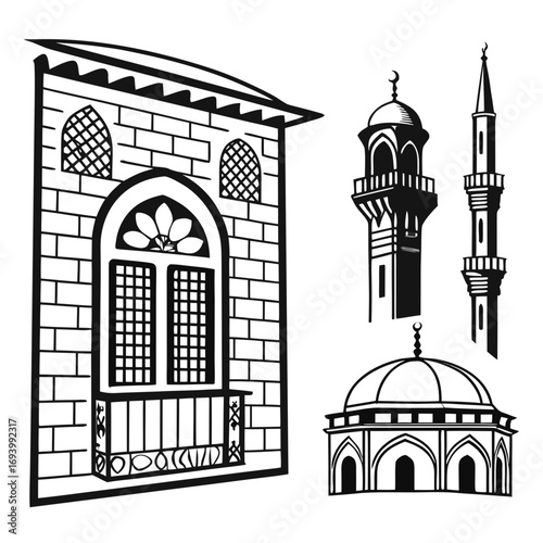 Middle Eastern architecture elements window balcony minarets dome vector