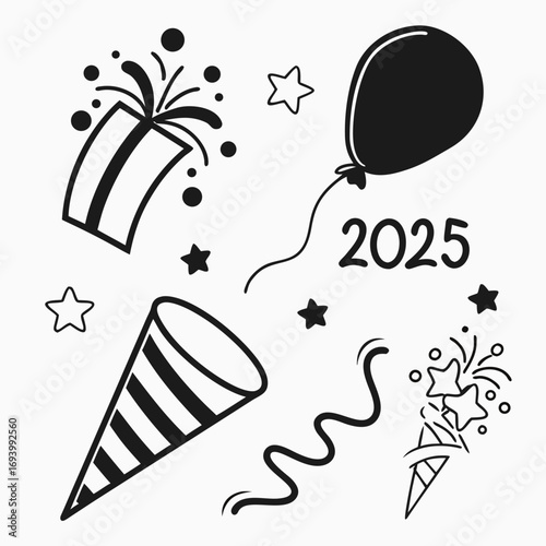 New Year celebration elements balloon confetti stars party