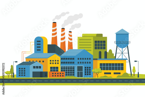 Colorful Industrial Landscape with Factories Water Tower and Green Spaces a Vector Illustration for Urban and Environmental Themes