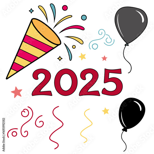 New Year celebration popper balloons and confetti party popper