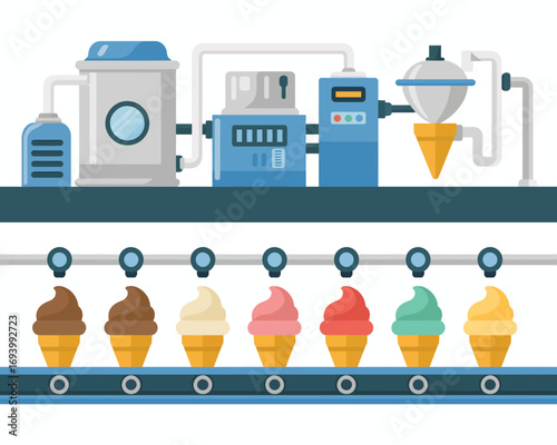 Colorful Ice Cream Production Line with Automated Machinery and Various Flavors on Conveyor Belt for Dessert Industry