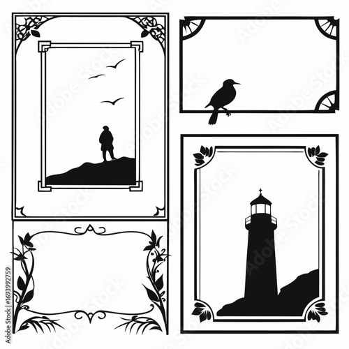 Ornate frames with silhouette scenes of nature and people black white