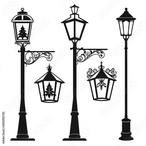 Ornate street lamps and lanterns with decorative elements silhouettes black and white