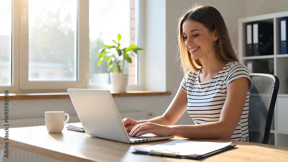 Obraz premium Smiling Young Woman Working in Modern Office, Minimalist Desk with Laptop and Coffee, Bright Sunlight