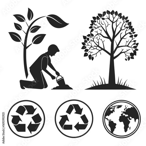 Person planting tree recycling symbols planet earth silhouette sapling