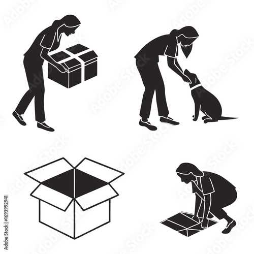 Person with box dog and open packaging silhouette