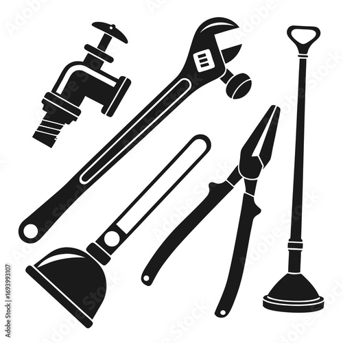 Plumbing tools faucet pipe wrench pliers plungers vector