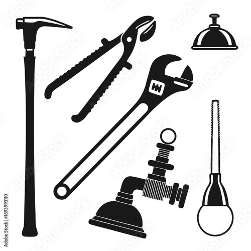 Plumbing tools pipe wrench pliers plunger saw and hammer vector