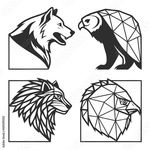 Polygonal wolf eagle owl geometric animal heads lion