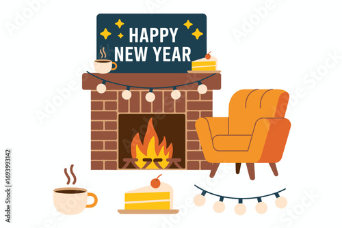 Cozy New Year Illustration with Fireplace Armchair Cake and Coffee for Holiday Greetings and Celebrations