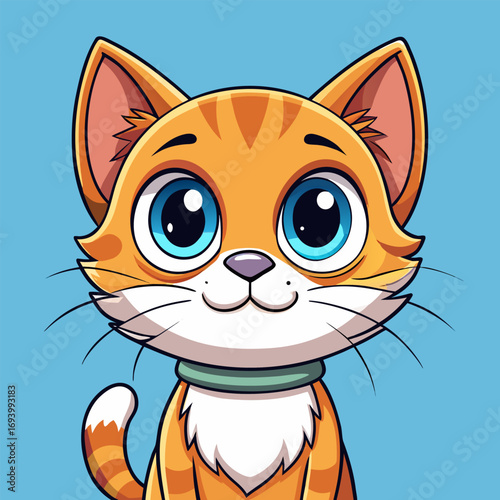 A cute kitten cartoon with big round eyes is staring happily