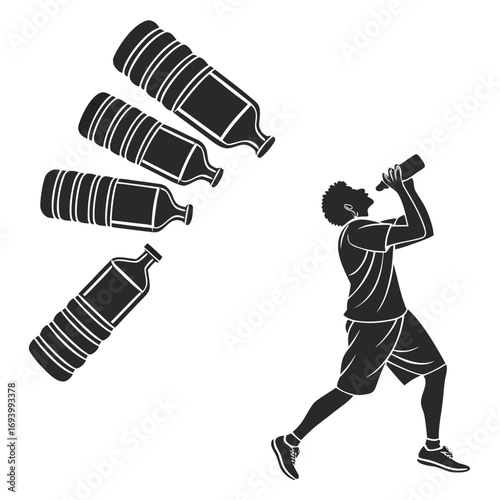 Runner drinking from bottle surrounded by water bottles sports drink hydration