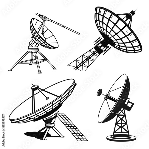 Satellite dishes and orbiting object silhouettes antenna radio telescope