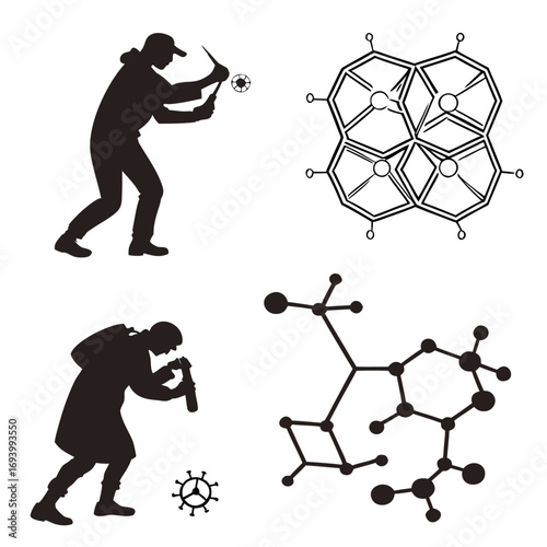 Scientists studying molecular structures and atomic models silhouette molecule