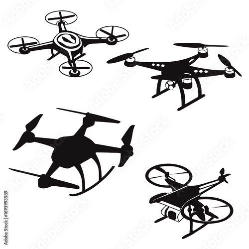 Set of four black drone and quadcopter silhouettes aerial vehicle