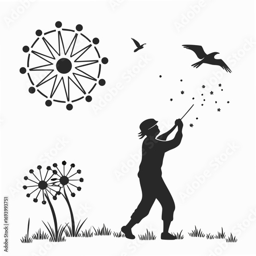 Silhouette of person blowing dandelion seeds with birds and Ferris wheel vector