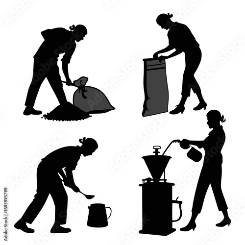 Silhouettes of people processing coffee beans vector
