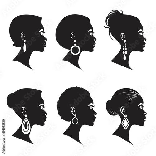 Six black female profile silhouettes with diverse earrings vector