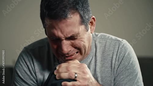 A man cries face contorted with anguish head on his knee He wears a gray tshirt