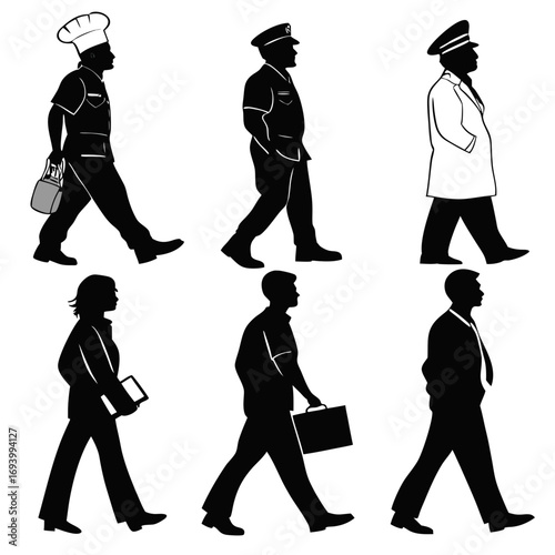 Six professional silhouettes walking people chef