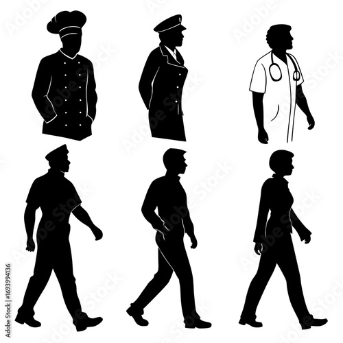 Six professional silhouettes walking people professions