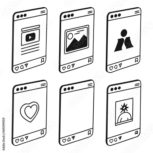 Six social media post frames with icons video image