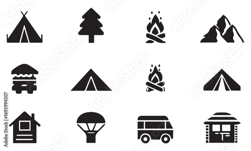 Glamping and Camping Elements Outdoor Icons, Tents, Cabins & Adventure