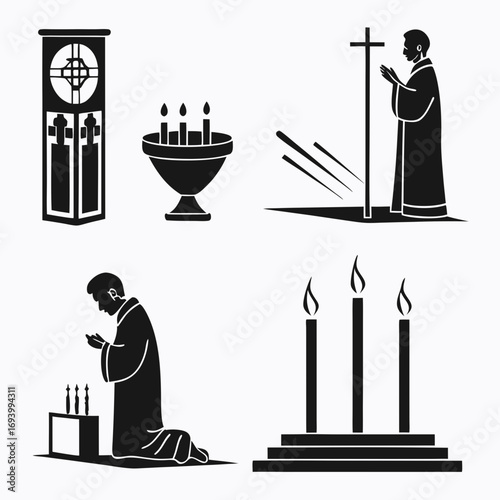 Spiritual ritual icons praying figures candles cross religion silhouette