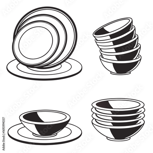 Stacked and single black and white dishware plates bowls