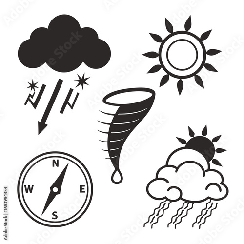 Stormy weather and sun icons with compass wind tornado