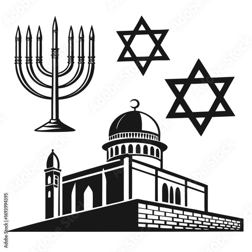 Synagogue menorah star of david symbols religious symbols black and white
