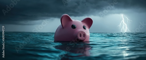 The Piggy Bank Adrift on a Stormy Ocean Under Ominous Lightning and Dark Clouds