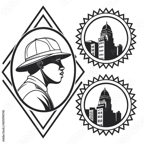 Vintage silhouette emblems with explorer and buildings badge frame