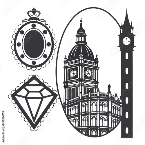 Vintage ornate frames and architectural silhouettes badge
