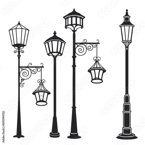 Vintage street lamps and hanging lanterns silhouettes street lights ornate