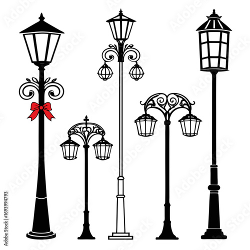 Vintage street lamps with decorative elements and red bow street lights lanterns