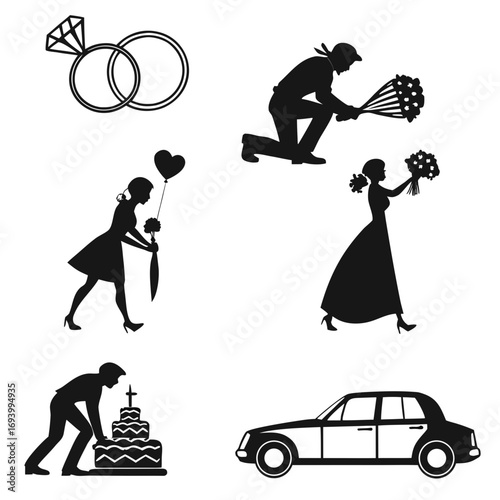 Wedding icons silhouettes bride groom cake car rings vector