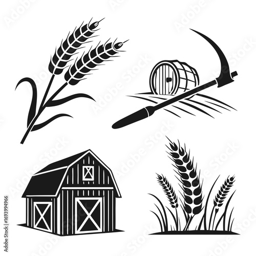 Wheat stalks barn barrel sickle farm symbols vector