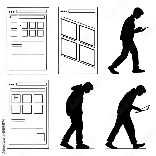 Wireframe layouts and human silhouettes interacting with devices interface block