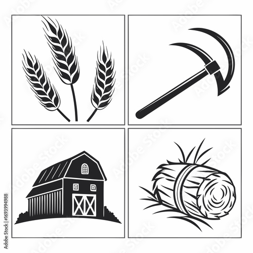 Wheat stalks sickle barn hay bale icons grain scythe