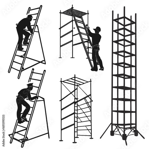 Workers climbing scaffolding and ladders construction