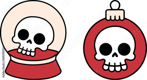 Creepy Christmas skull ornament snow globe ball bauble with skeleton head inside red gothic dark xmas doodles. Spooky alternative horror theme aesthetic decor sticker drawing isolated clipart design.