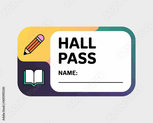 School Hall Pass Template with Pencil and Open Book Graphics for Student Identification and Authorization