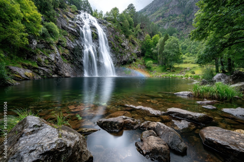 Fototapeta premium Waterfall cascading into a clear pool surrounded by rocks and trees