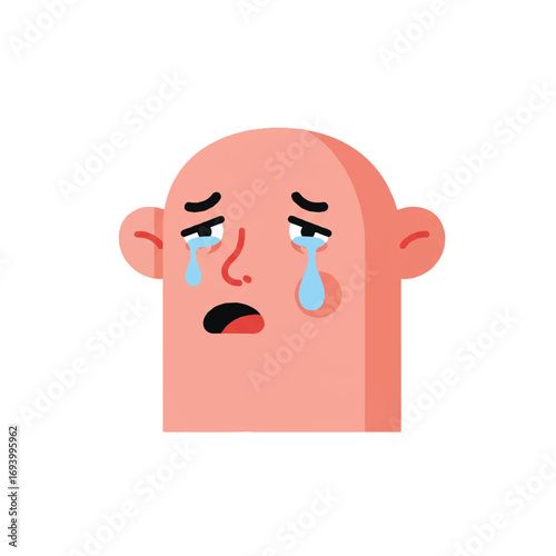 A sad cartoon character with a single tear rolling down its cheek is depicted as a minimalist 2D flat vector illustration, isolated on a clean white background.